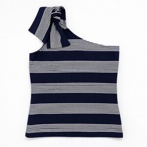 Bishop + Young Navy Striped One Shoulder Bow Top Size Small